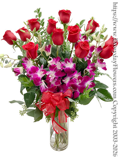 Dozen Valentines Roses Red & Orchids With Vase