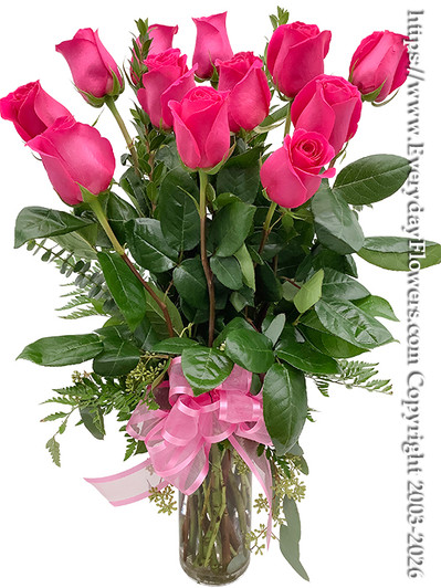 Dozen Valentines Roses Hot Pink With Vase