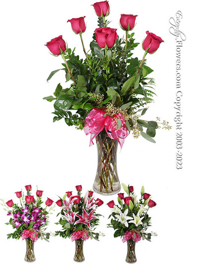 Six long hot pink roses with options of adding orchids or lilies
