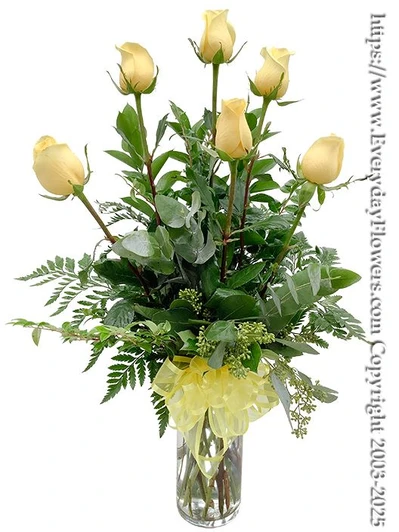 The Yellow Rose Bouquet - Six yellow roses arranged in a glass vase with options of adding orchids or lilies.