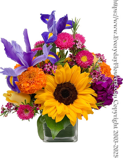 Blue iris and yellow sunflowers surrounded by orange marigolds, pink asters and purple hoary stock arranged in a square vase.