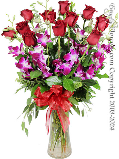 Dozen Long Stem Red Roses & Purple Orchids - Everyday Flowes