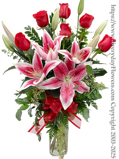 The Red Rose Bouquet with Pink Lilies