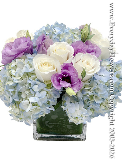 Lavender lisianthus white roses and blue/green hydrangea designed in a large glass cube vase.