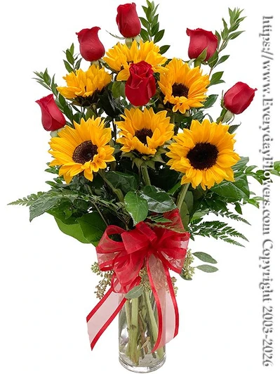 Half Dozen Red Roses and Half Dozen Yellow Sunflowers arrives arranged in a tall hour-glass vase with a red bow.