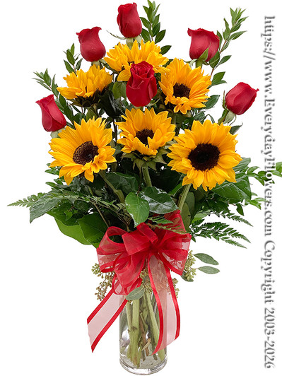 Half Dozen Valentines Roses Red & Sunflowers With Vase