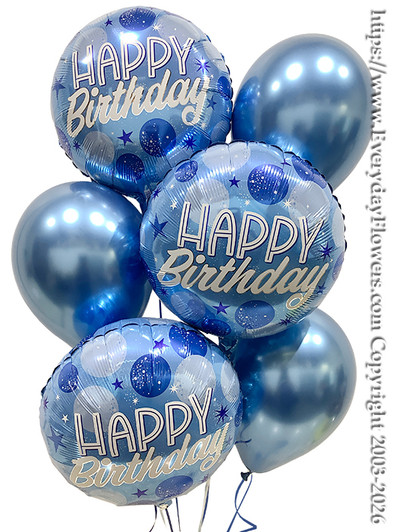 This balloon bouquet features a cool blue birthday theme with a mix of printed foil balloons and coordinating metallic latex balloons.