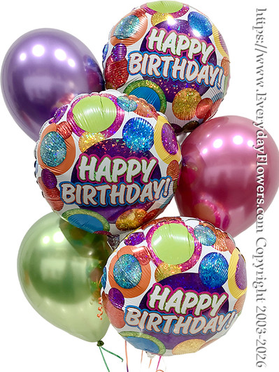 Birthday Glitter Dots Balloon Bouquet - Six Balloons including 3 Foil Balloons and 3 Latex Balloons