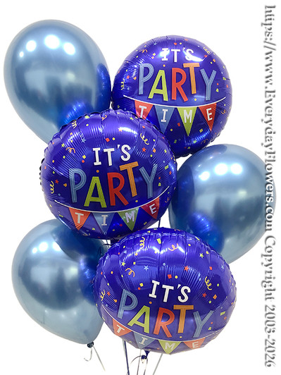 It's Party Time Confetti Banner Balloon Bouquet - Three Blue OIt's Party Time Foil Balloons and Three Blue Latex Balloons