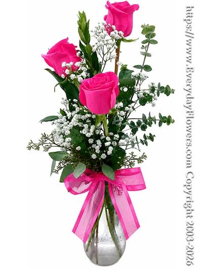 Three hot pink rose bouquet with baby's breath, eucalyptus and fresh greenery arranged in a clear glass vase with a hot pink ribbon by Everyday Flowers