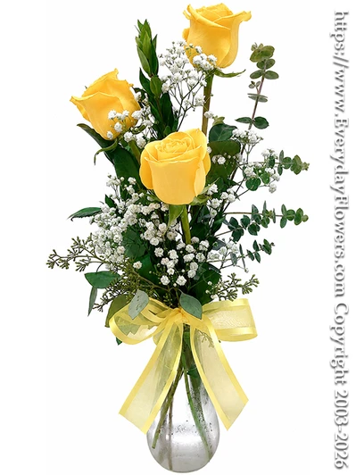 Three yellow rose bouquet with baby's breath, eucalyptus and fresh greenery arranged in a clear glass vase with a yellow bow by Everyday Flowers