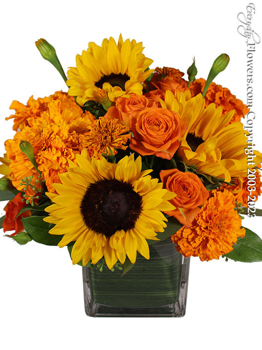 Scented marigolds, yellow sunflowers and orange roses.