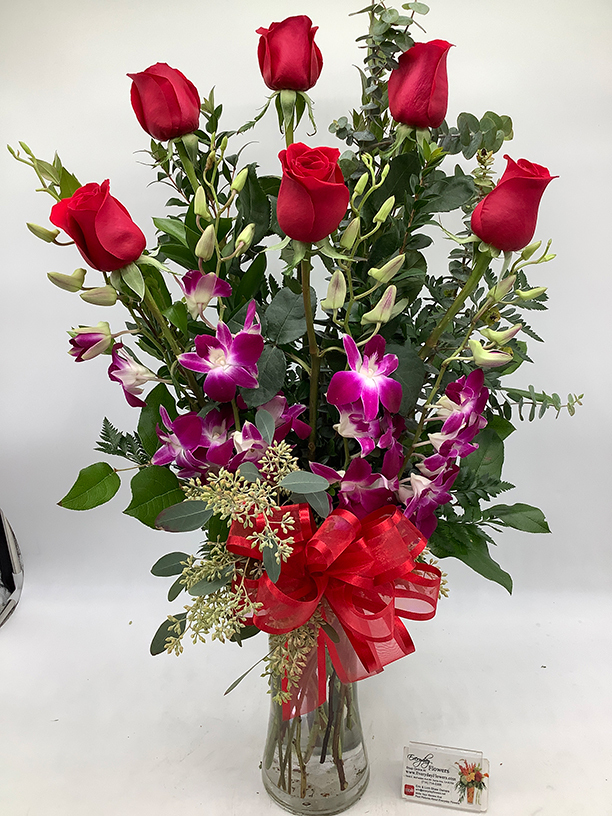 The Red Rose Bouquet With Purple Orchids