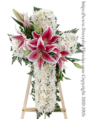 White Sympathy Cross With Stargazer Lilies - Arrives on a 58
