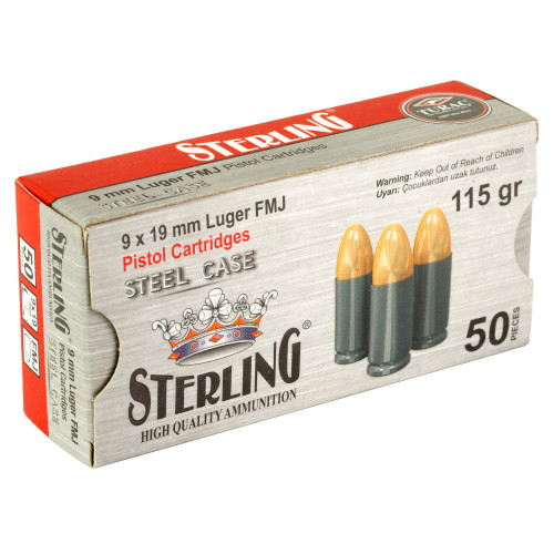 Sterling Steel Case 9mm 115gr Full Metal Jacket Handgun Ammo - 50rd Box - Image 2