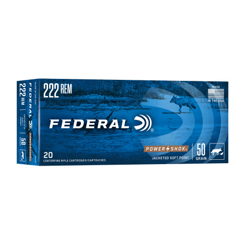 Federal PowerShok 222 Remington 50gr Solid Base Rifle Ammo - 20rd Box