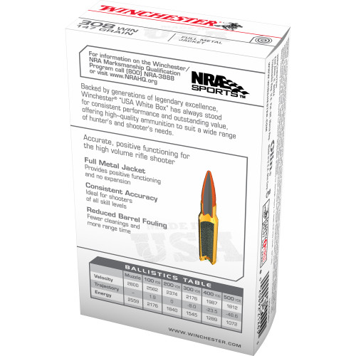 Winchester Ammunition USA WHITE BOX 308 Winchester 147gr Full Metal Jacket Rifle Ammo - 20rd Box - Image 2