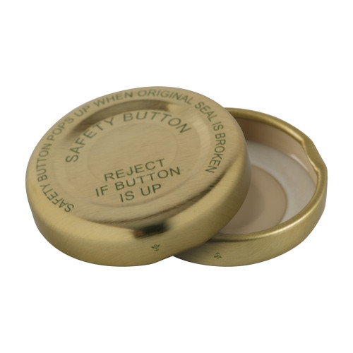 38mm Gold Metal Button Twist Cap with Green 'Safety Button' Print