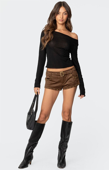 Edikted Women's Studded Faux Suede Micro Shorts - 0821609690159