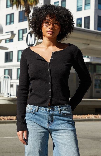 John Galt Women's Black Athelia Pointelle Cardigan - 0704601600273