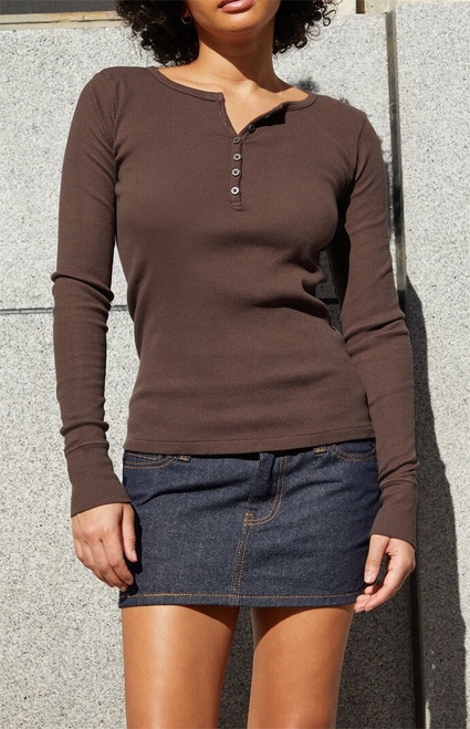 John Galt Women's Brown Ribbed Long Sleeve Top - 0796601600203