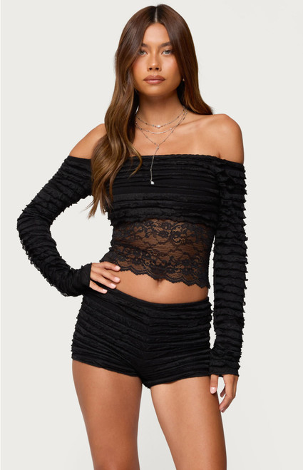 Edikted Women's Tauri Lacey Ruffled Off Shoulder Top - 0731609691255