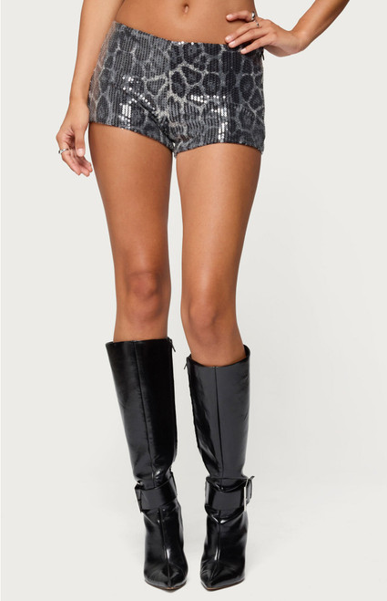 Edikted Women's Sequin Leopard Printed Micro Shorts - 0821609690126
