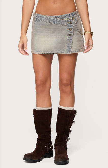 Edikted Women's Wrap Mud Wash Denim Mini Skort - 0840609690514