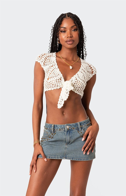 Edikted Women's Rocco Tie Front Crochet Top - 0712609690031