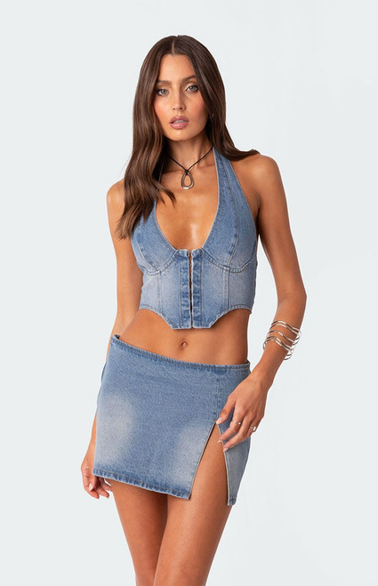 Edikted Women's Katrina Lace Up Denim Corset - 0731609690016
