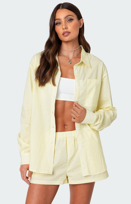 Edikted Women's Oversized Pinstripe Button Up Shirt - 0731609690039