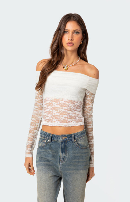 Edikted Women's Elysia Fold Over Sheer Lace Top - 0731609690041