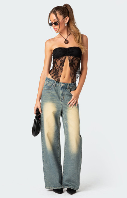 Edikted Women's Twilight Sheer Lace Split Front Top - 0731609690042