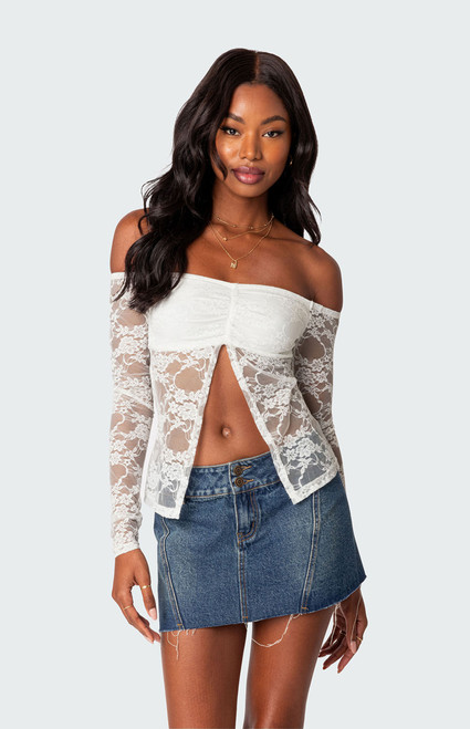 Edikted Women's Odessa Split Front Sheer Lace Top - 0731609690126