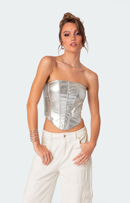 Edikted Women's Mabel Metallic Faux Leather Corset - 0731609690156
