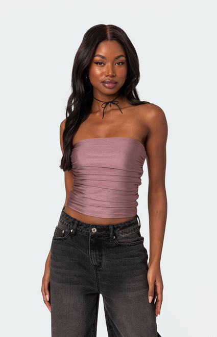 Edikted Women's Maxeen Shiny Gathered Tube Top - 0731609690159
