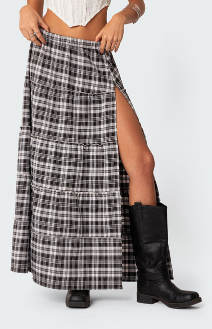 Edikted Women's Plaid Side Slit Tiered Maxi Skirt - 0840609690064