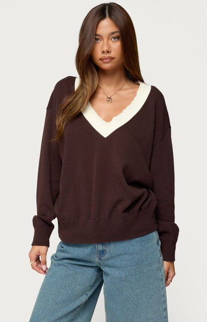 Edikted Women's Marie Contrast Lacey V Neck Sweater - 0740609690211