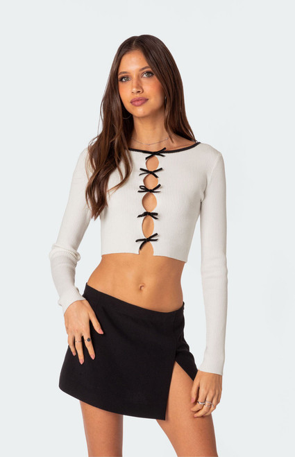Edikted Women's Billy Bow Cut Out Ribbed Crop Top - 0731609690171