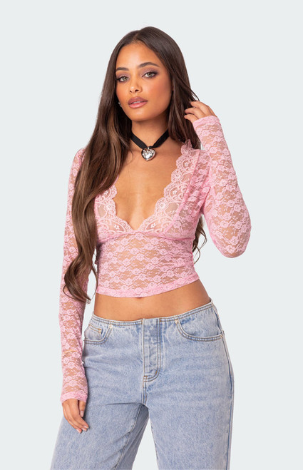 Edikted Women's Beck Plunge Neck Sheer Lace Top - 0731609690200