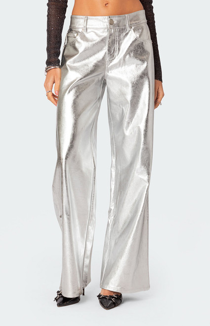 Edikted Women's Kim Metallic Faux Leather Pants - 0860609690023