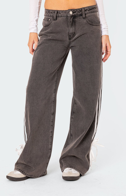 Edikted Women's Washed Low Rise Bow Ribbon Baggy Jeans - 0860609690034