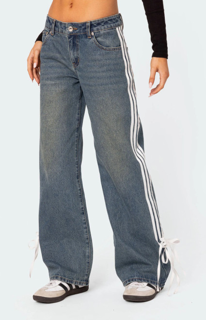 Edikted Women's Washed Low Rise Bow Ribbon Baggy Jeans - 0860609690034