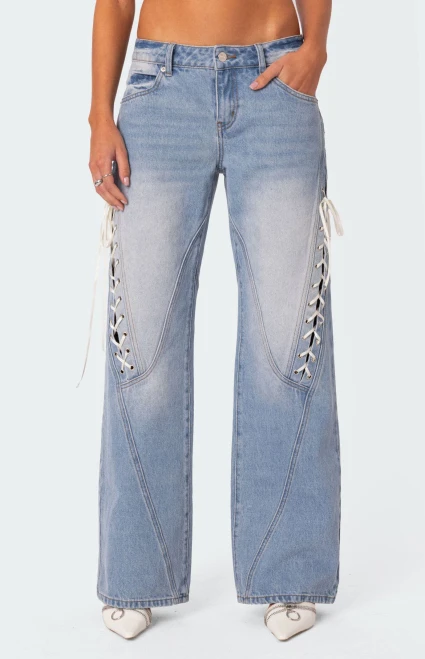 Edikted Women's Low Rise Bow Ribbon Lace Up Jeans - 0860609690054