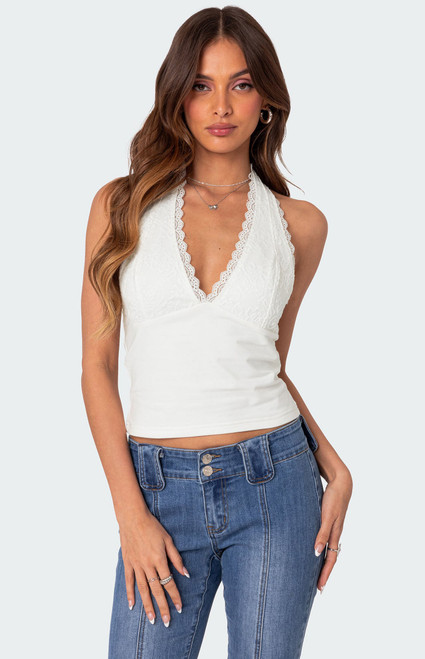 Edikted Women's Carolyn Lacey Halter Top - 0731609690439