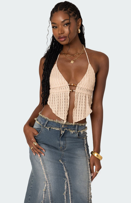 Edikted Women's Anaya Textured Open Back Halter Top - 0712609690132