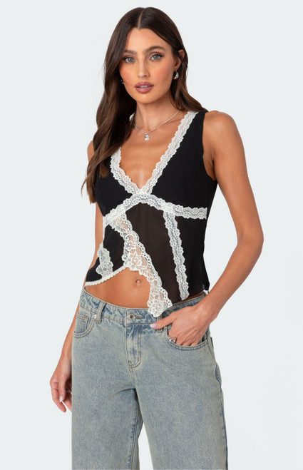 Edikted Women's Chiffon & Lace Sheer Asymmetric Top - 0731609690495