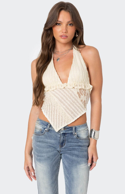 Edikted Women's Quinta Lacey Asymmetric Halter Top - 0731609690507