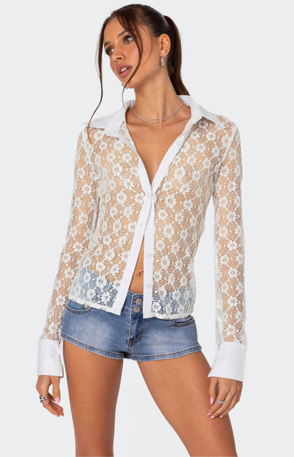 Edikted Women's Cecilia Sheer Lace Button Up Shirt - 0731609690515