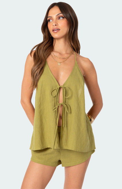 Edikted Women's Arden Linen Look Tie Front Top - 0731609690522